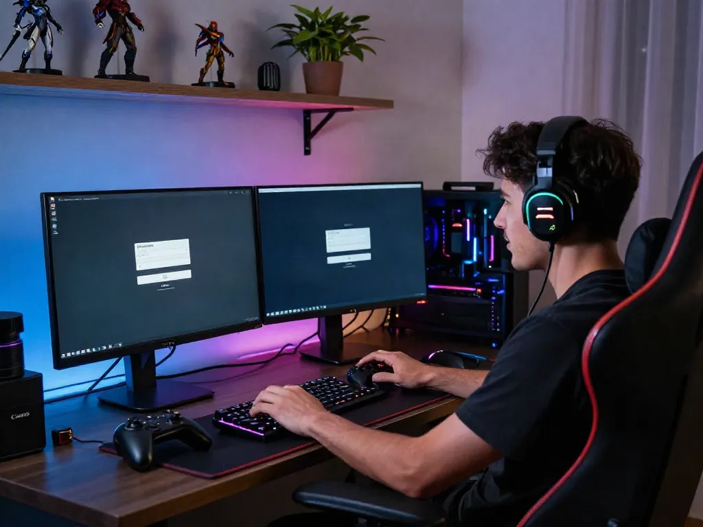 Gamer using the ROKOK88 link login page on a desktop, evoking excitement and energy.