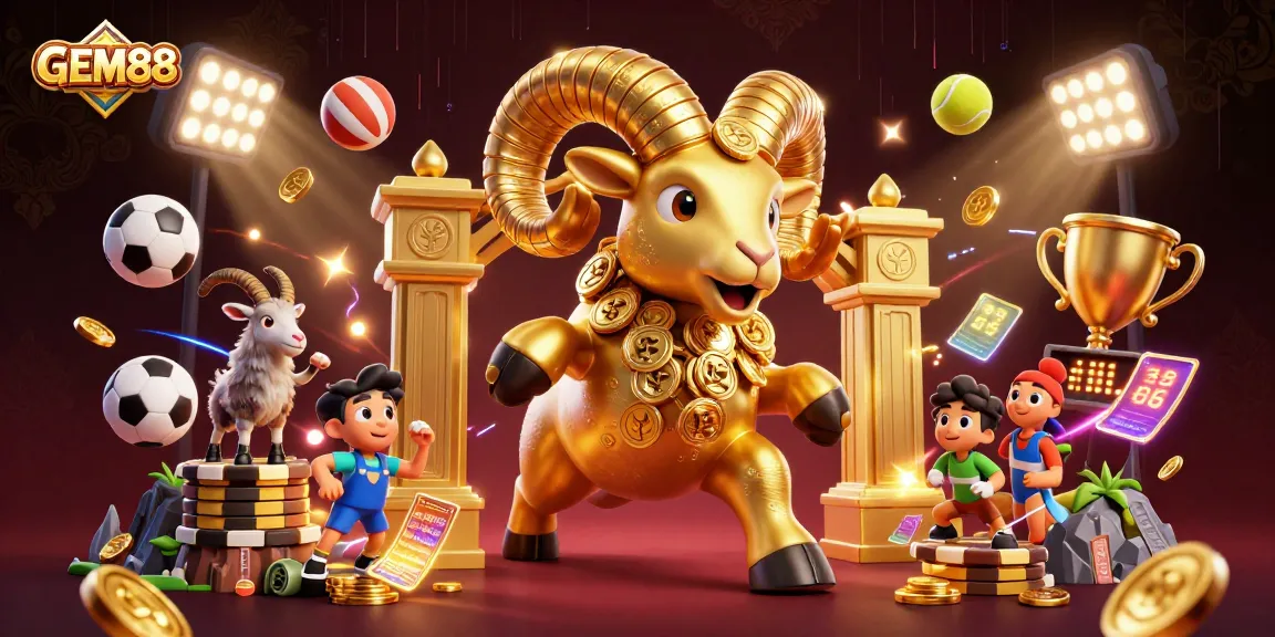 Engage with GEM88 as a golden ram charges through a vibrant casino scene filled with dynamic sports elements.