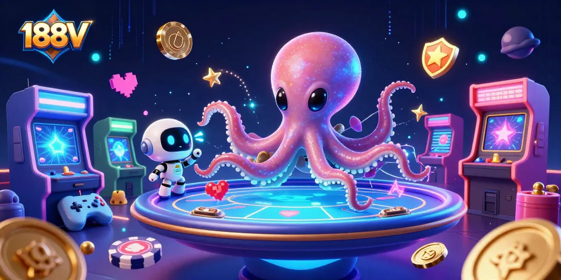 Experience the thrills of 188V with a playful alien octopus at a holographic poker table surrounded by vibrant gaming elements.