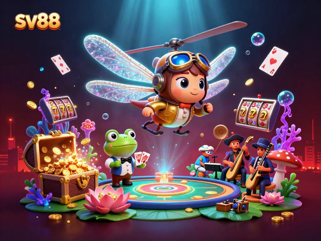 sv88 players enjoying a vibrant casino experience with a dragonfly pilot and frog croupier