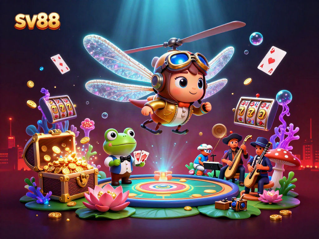 sv88 players enjoying a vibrant casino experience with a dragonfly pilot and frog croupier
