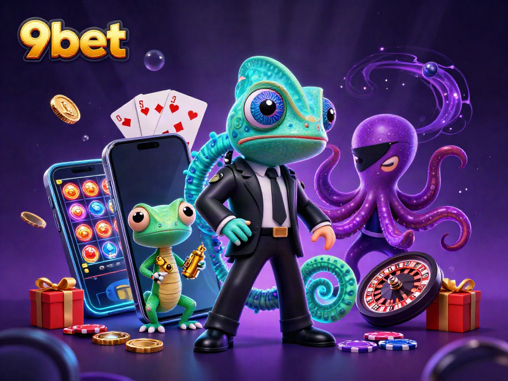 Experience dynamic slots gameplay with 9bet characters in a vivid casino scene filled with action.
