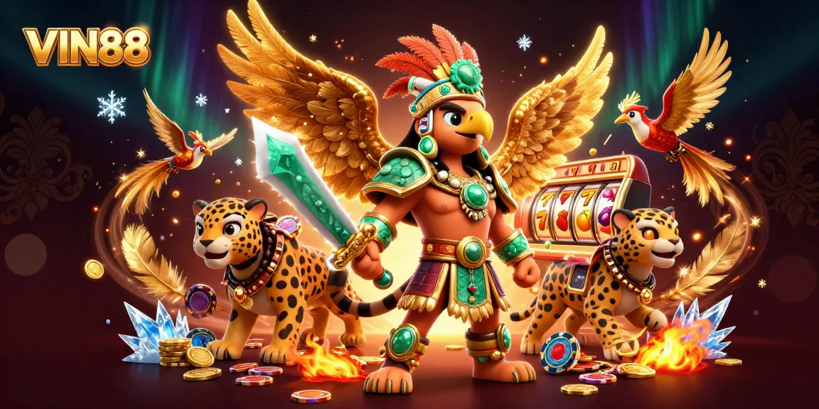 Experience excitement at VIN88 slots with an Aztec warrior and jaguar companion.