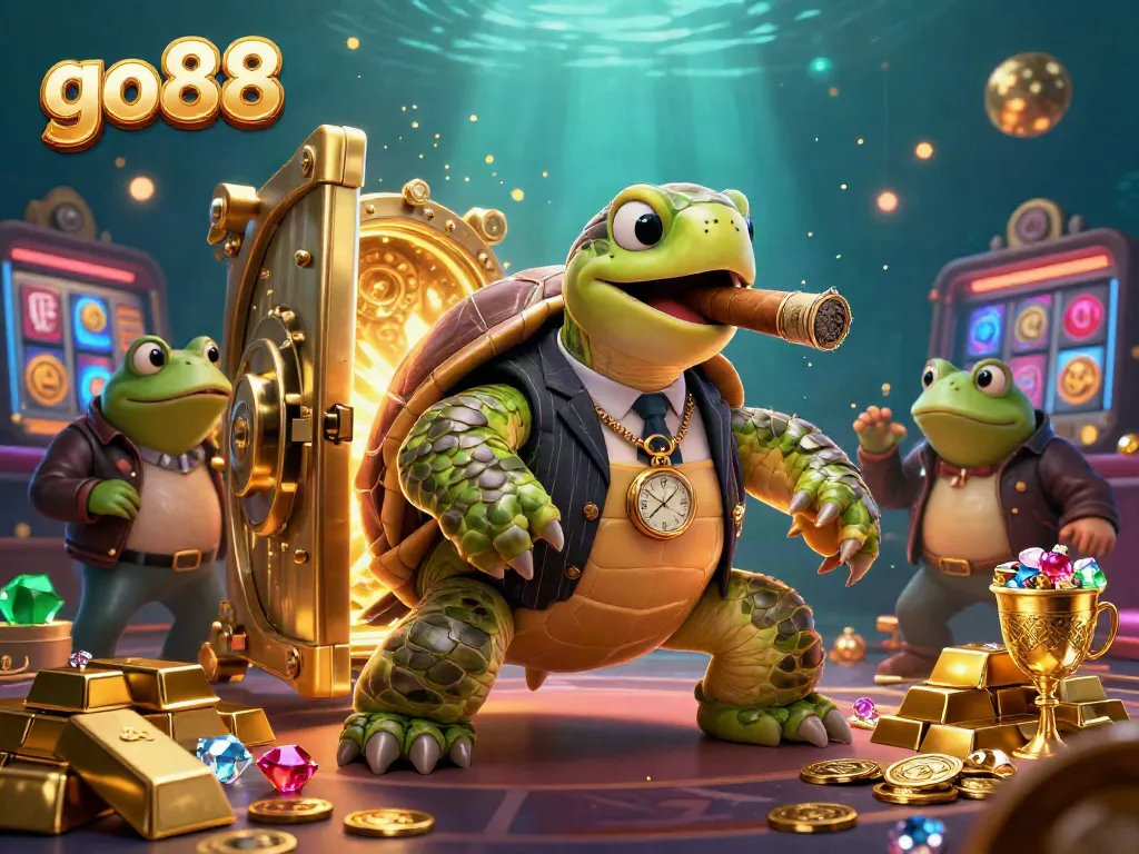 Experience the thrill of winning at go88 with this exciting casino scene featuring a turtle and bullfrogs.