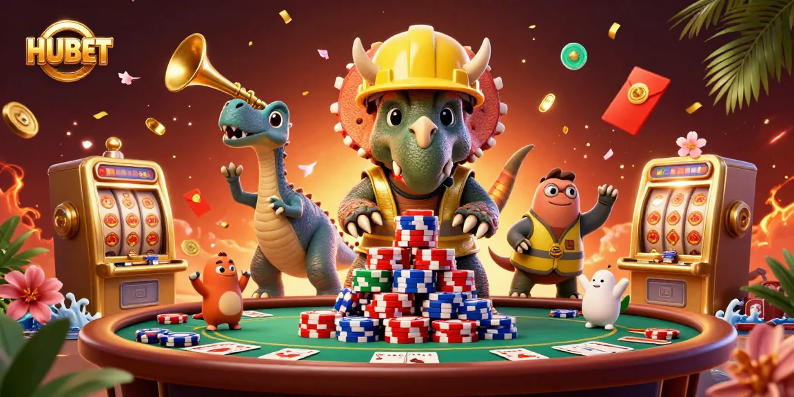 Join the excitement of HUBET as the triceratops stacks poker chips in a vibrant casino scene.