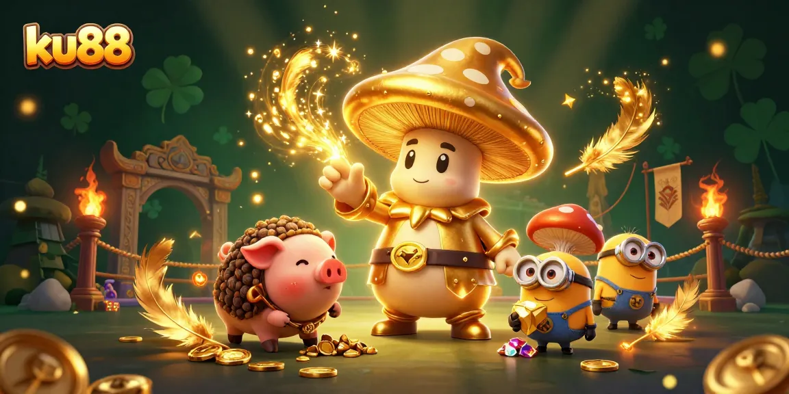ku88 transforms gold with a magical wizard, treasure pig, and dynamic casino atmosphere