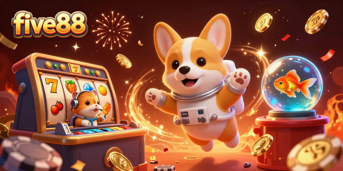 Cascading slot reels and vibrant chips surround the five88 casino scene with a playful corgi and friends.