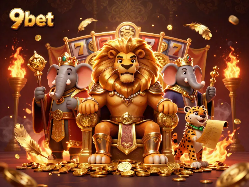 Engage with 9bet's immersive casino experience featuring a regal lion king, wise elephant advisor, and swift cheetah messenger.