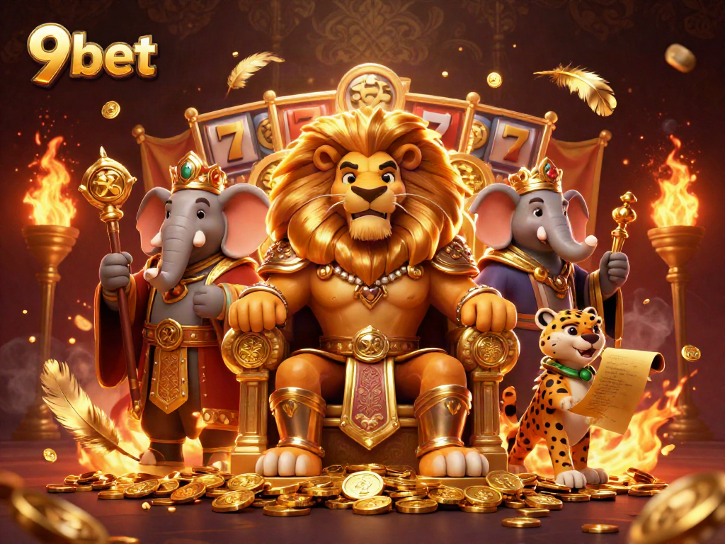 Engage with 9bet's immersive casino experience featuring a regal lion king, wise elephant advisor, and swift cheetah messenger.
