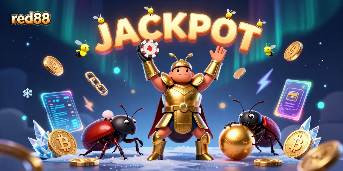 Win big with red88, showcasing Hercules beetle in armor lifting poker chip, vibrant casino elements