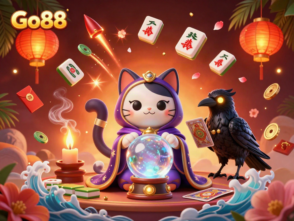 Engage with Go88’s vibrant online gaming scene featuring a mystical cat and glowing raven amidst dynamic casino elements.