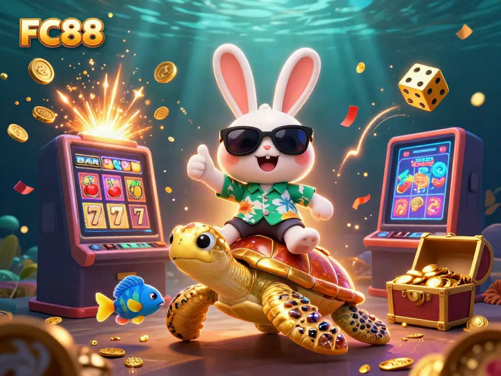 Enjoy thrilling casino adventures at FC88 with a lucky rabbit, golden turtle, and slot machine jackpot!