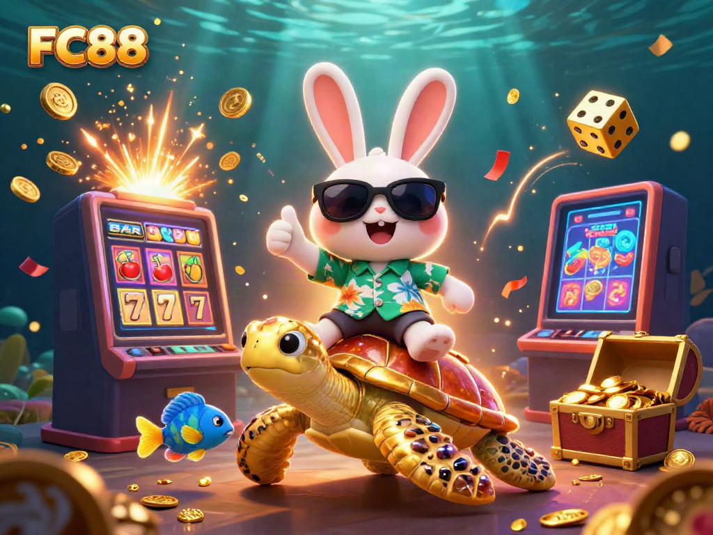 Enjoy thrilling casino adventures at FC88 with a lucky rabbit, golden turtle, and slot machine jackpot!