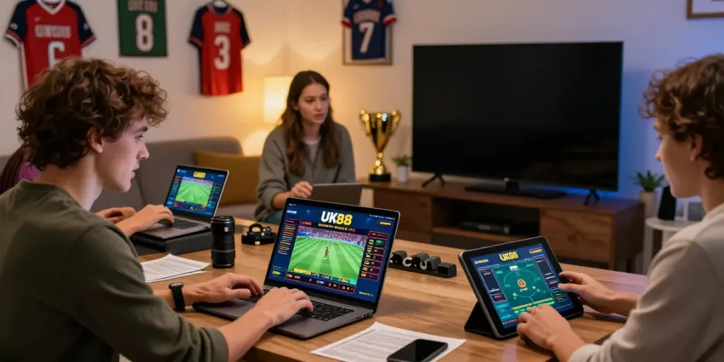 Enthusiastic users engaging with the UK88 online betting platform in a modern living room setting.