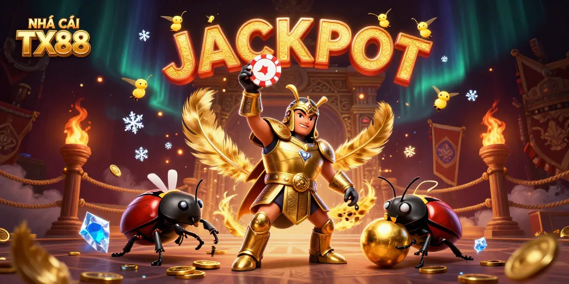 NHÀ CÁI TX88 showcases a triumphant beetle champion in a dynamic casino scene.