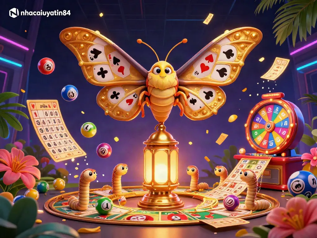 Engage in vibrant casino games with nhacaiuytin84 showcasing golden lottery elements, a moth, and dynamic scenes.