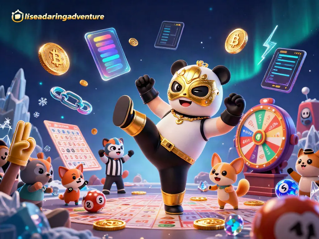 Tampilkan lifesadaringadventure dengan panda pegulat melakukan tendangan sambil dikelilingi bola lotere.