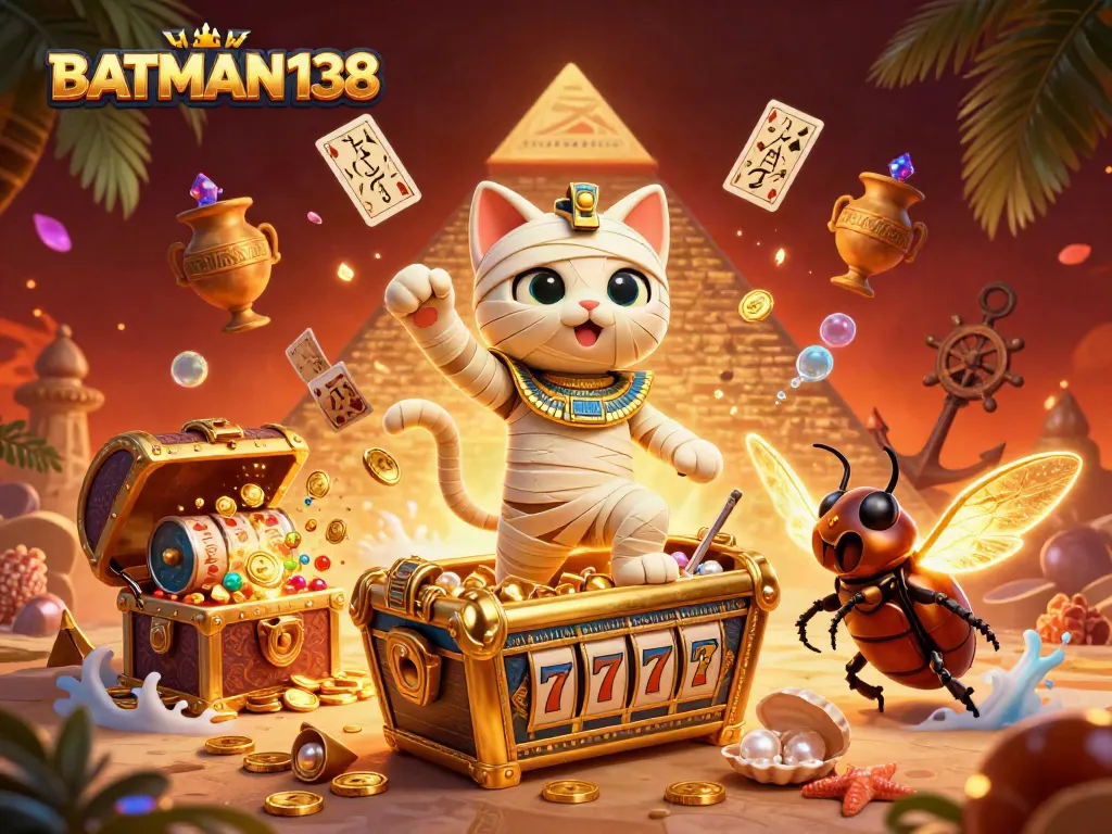 Experience the excitement of BATMAN138 with a 3D cartoon Egyptian mummy cat and golden treasures in a vibrant casino.