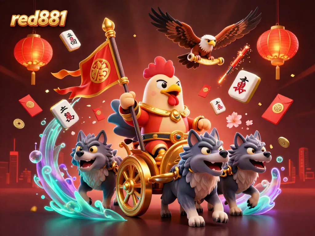 Engage with red881's vibrant 3D casino adventure featuring a rooster warlord amidst floating game elements.