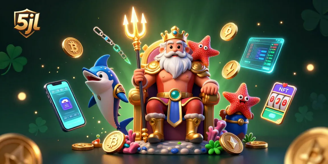 Engage in 5jl as Neptune oversees a vibrant casino scene with Bitcoin, Ethereum, and jackpot symbols