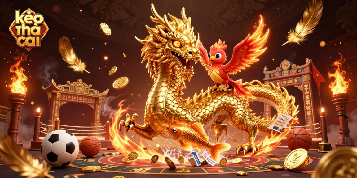 Experience kèo nhà cái excitement with a fierce dragon, phoenix, and koi fish in an electrifying betting scene.