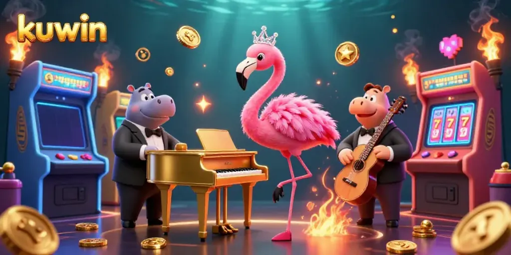Enjoy vibrant kuwin gaming as a flamingo singer and hippo bassist set the stage in a dazzling casino.