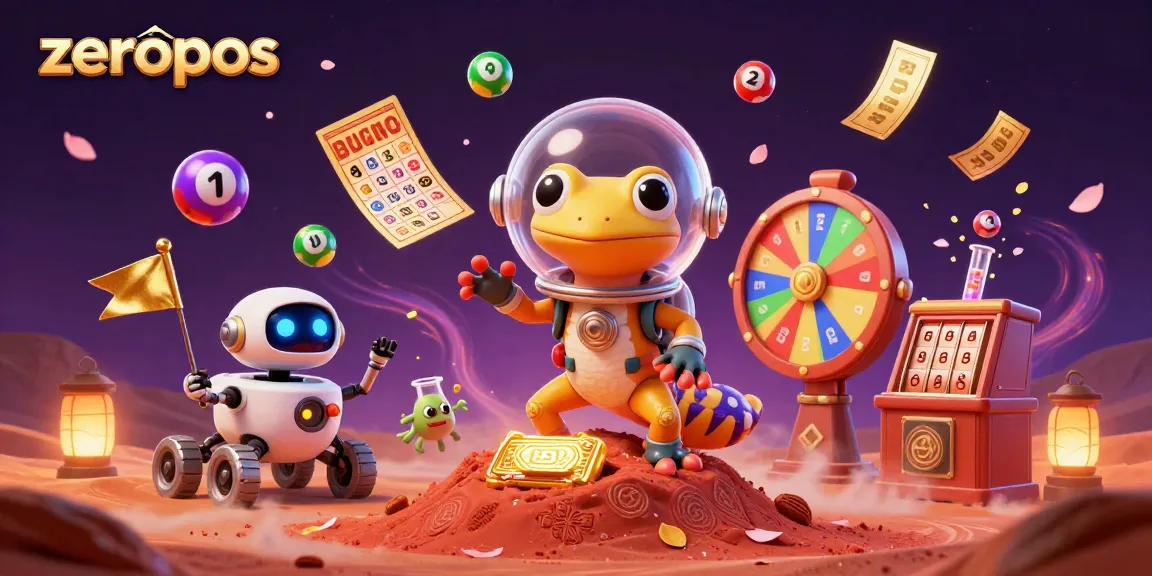 Engage with the zeropos Martian gecko in a vibrant casino adventure showcasing lottery elements.