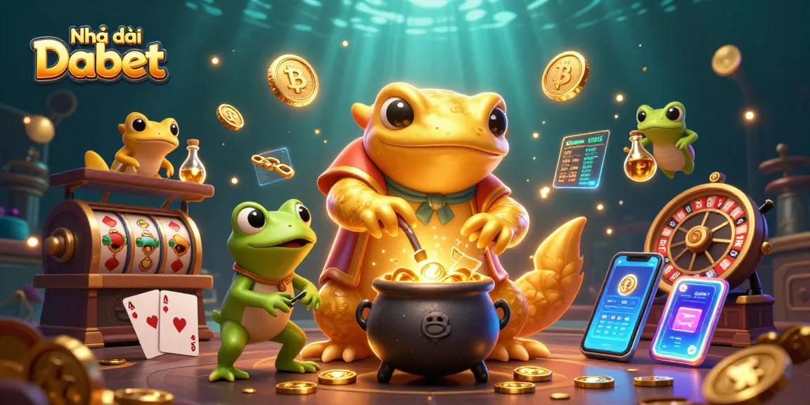 Engage with Nhà cái Dabet's vibrant casino world through a dynamic illustration featuring gold coins and thrilling games.