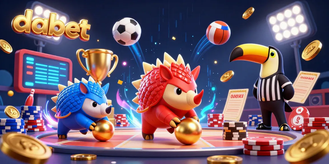 Dabet showcases rival pangolins in a spirited gambling match, surrounded by vibrant sports elements.