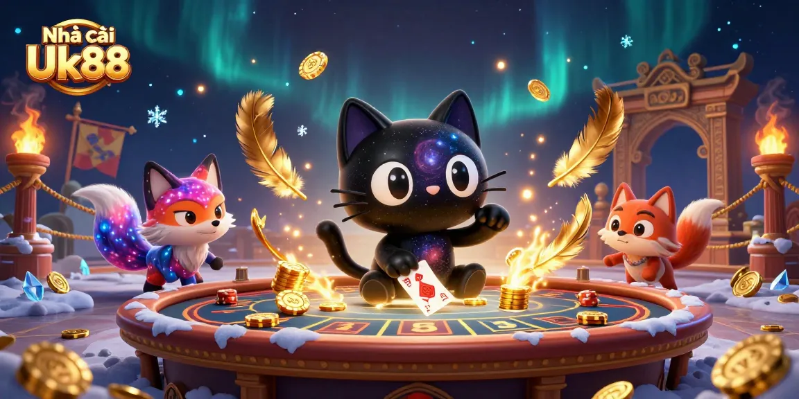 Engage with Nhà cái Uk88 at a cosmic casino featuring a black hole cat and vibrant fox.