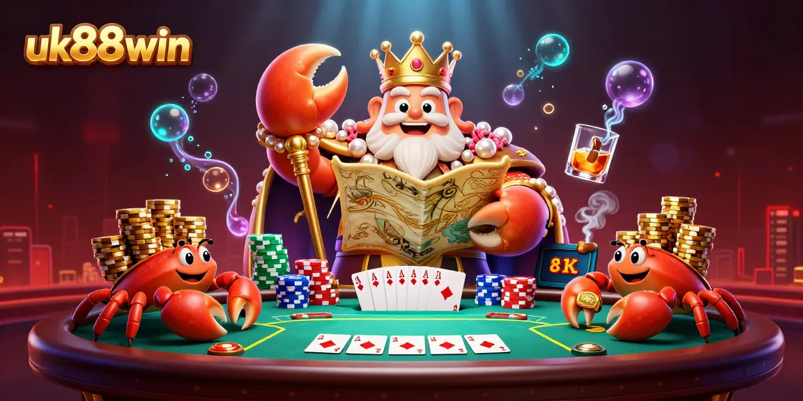 Engage in thrilling action with uk88win featuring a golden crab emperor and poker elements.