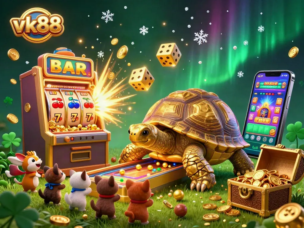 Engage with vk88's exciting gameplay featuring a colossal pinball tortoise and a jackpot explosion, highlighting vibrant casino energy.