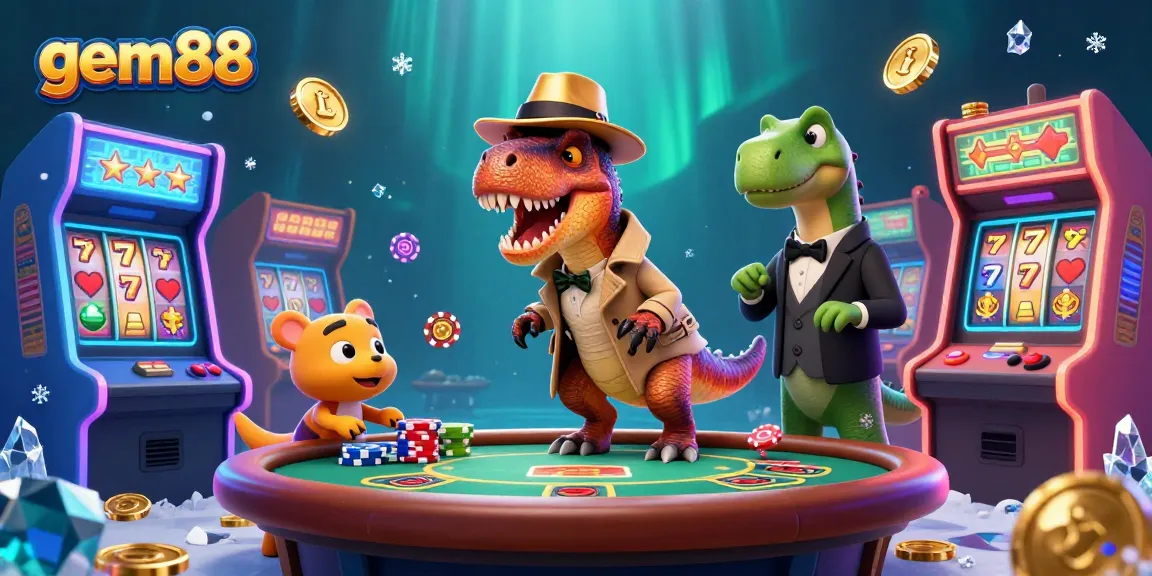 Experience exciting casino action with gem88 as a velociraptor card counter interacts with a stegosaurus pit boss.