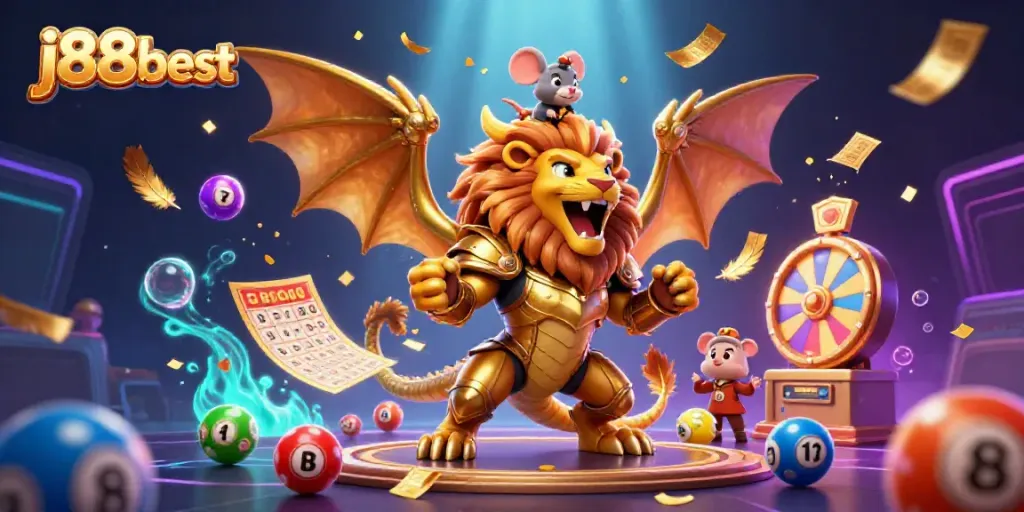 Experience thrilling gameplay with j88best's dynamic illustration of a chimera and lottery elements.