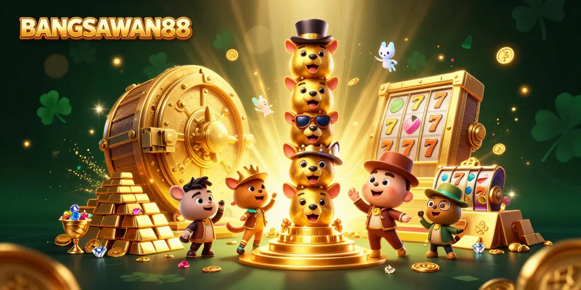 BANGSAWAN88 unveils action-packed slots scene with vibrant totem pole and treasures.