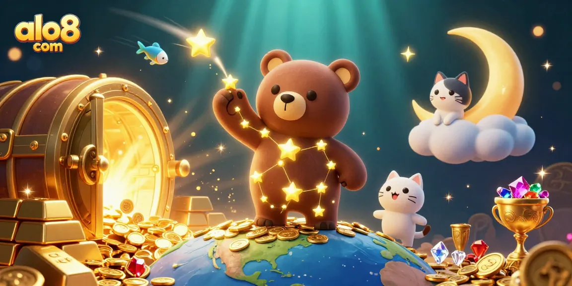 Engage with thrilling games at alo8 com, as a constellation bear gathers coins amidst a vibrant casino scene.