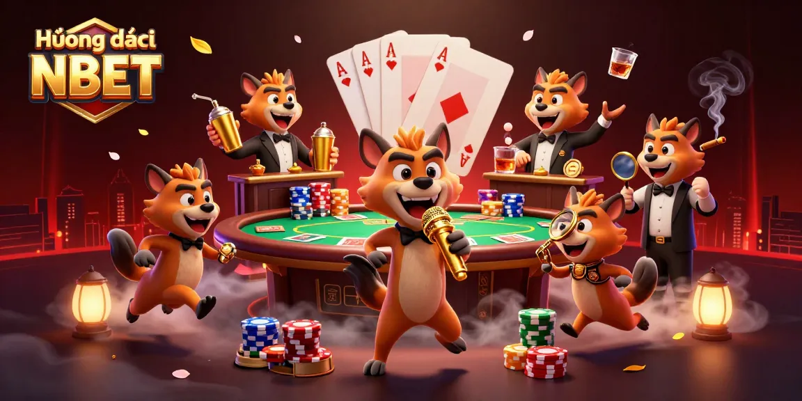 Engage in fun at Hướng dẫn NBET with hyena characters in a comedy casino setting, featuring vibrant poker elements.