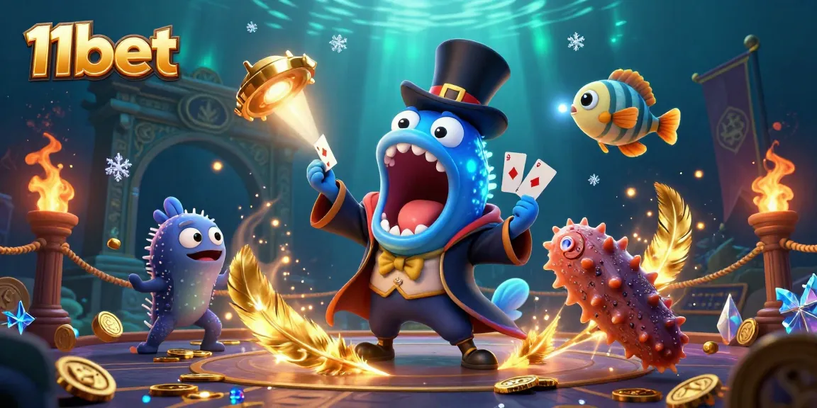 Bettors engage in thrilling card tricks with the 11bet casino characters in an underwater magic act.