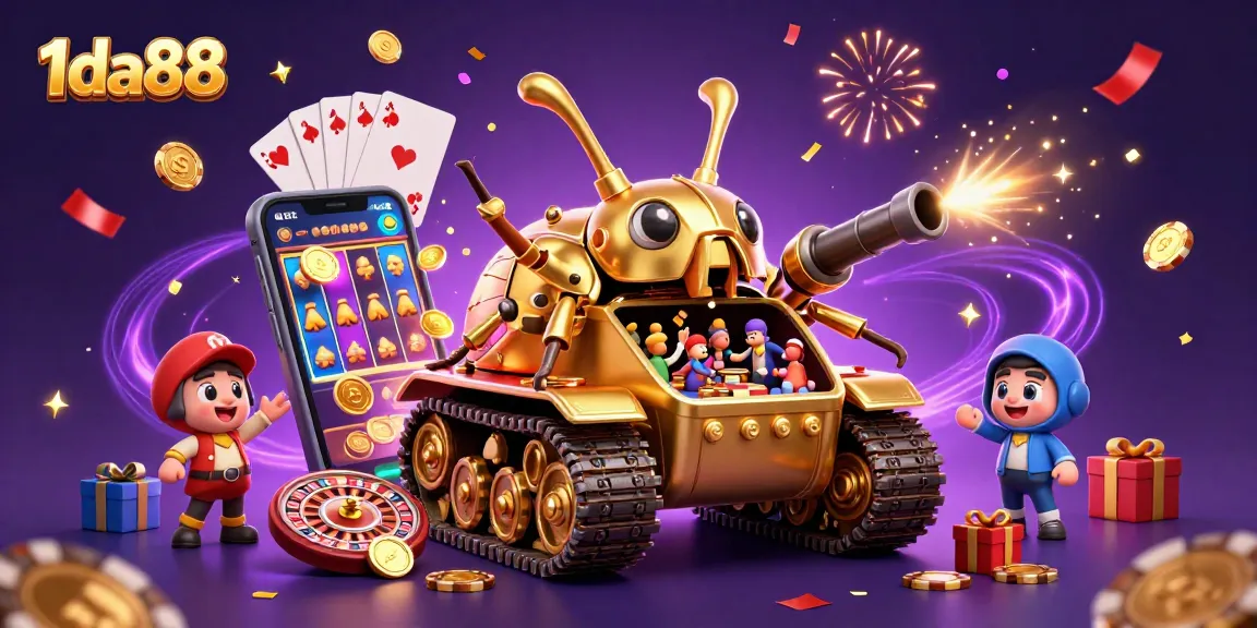 Experience the excitement of 1da88 with vibrant casino-themed 3D illustration featuring a unique beetle tank.
