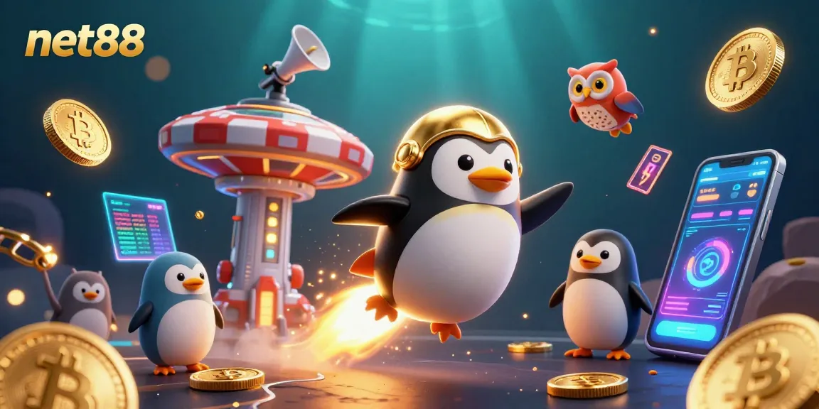 Experience the thrill of net88 with a vibrant 3D scene of a rocket-powered penguin and cryptocurrency elements.