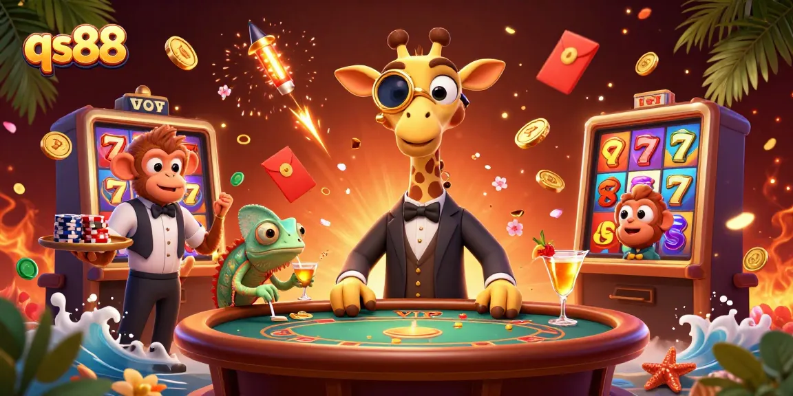 Engage with qs88's vibrant casino ambiance, featuring lively characters and slot elements.