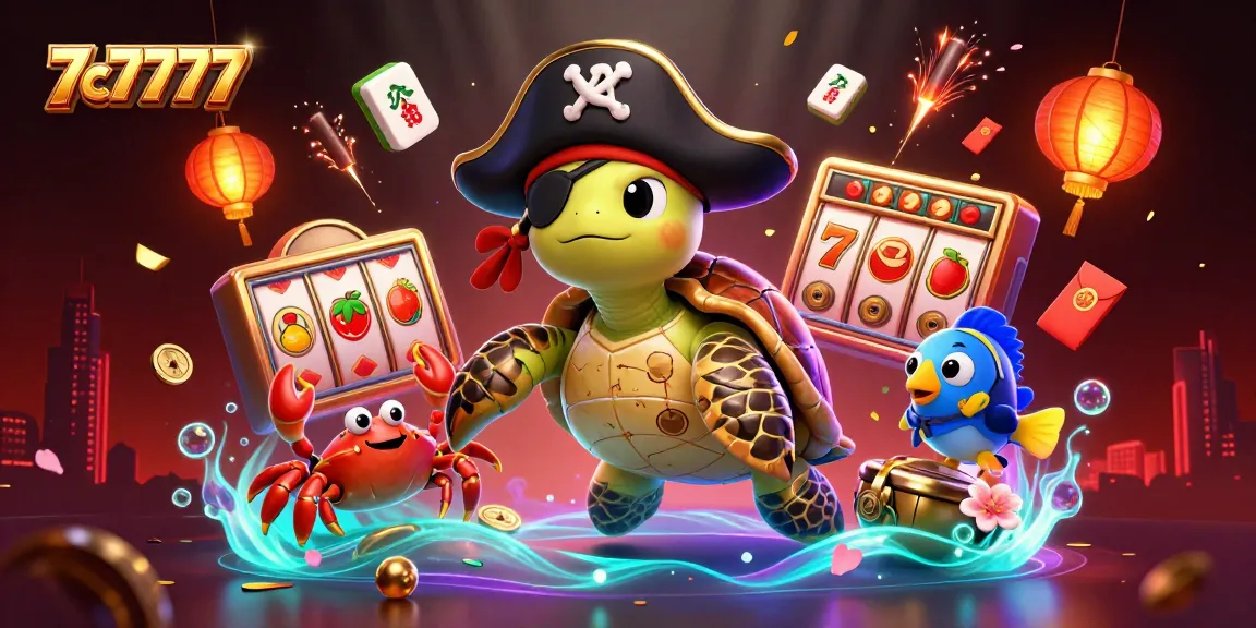 Experience the excitement of 7c7777 with vibrant casino characters amidst slot reels and festive elements.