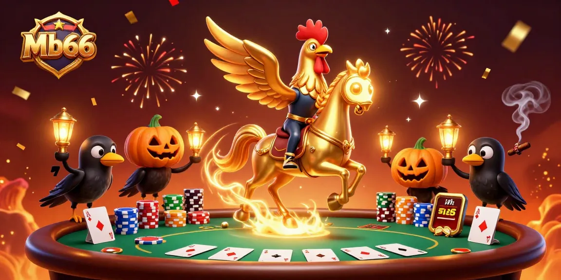 Experience the excitement of Mb66 with a golden rooster and ghostly companions in a vibrant casino.