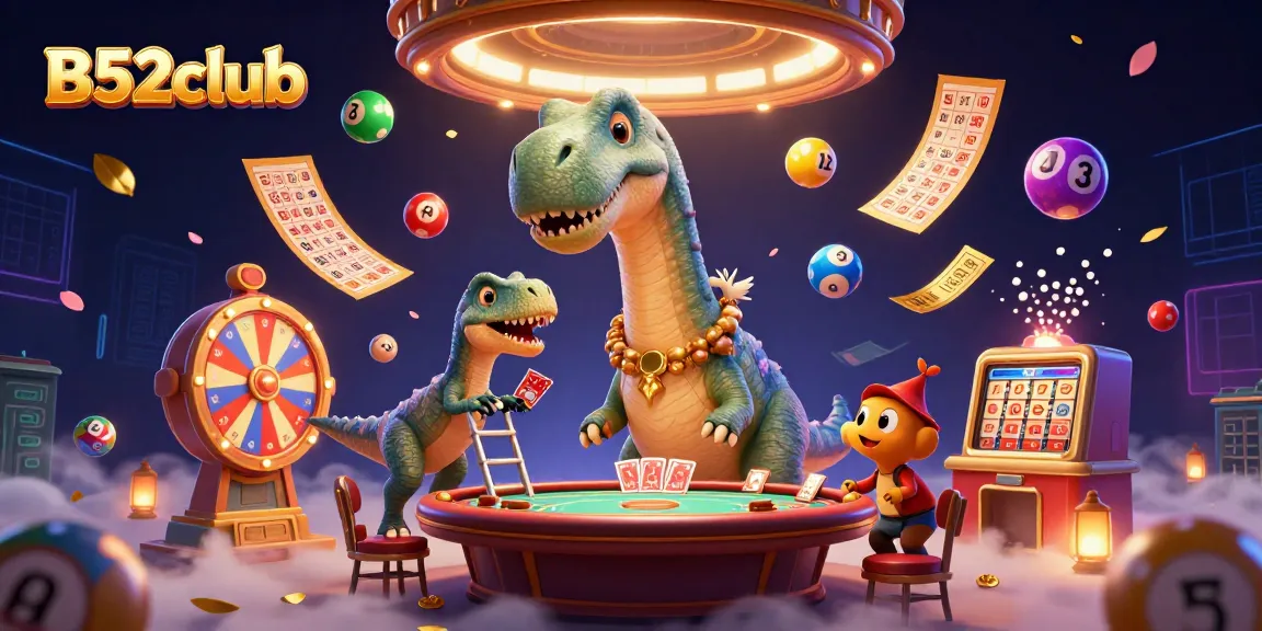 B52club showcases a vibrant 3D cartoon casino scene filled with dynamic games and colorful lottery elements.