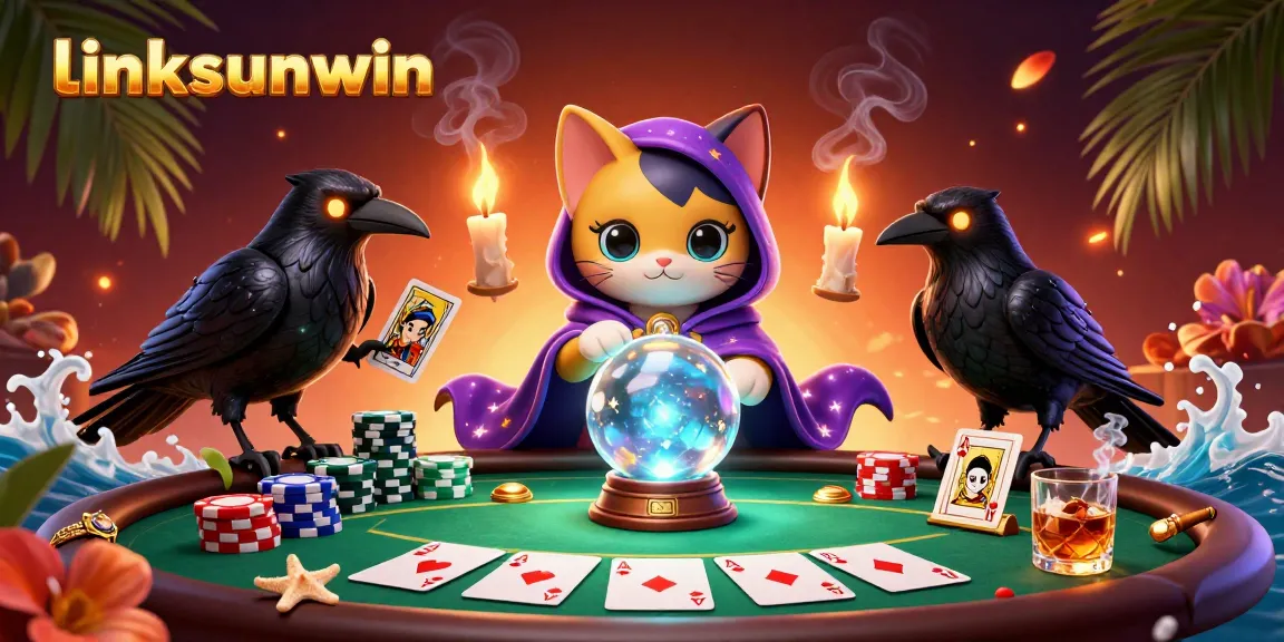 Enhance your gaming experience with linksunwin's mystical poker scene featuring a fortune teller cat and glowing raven.