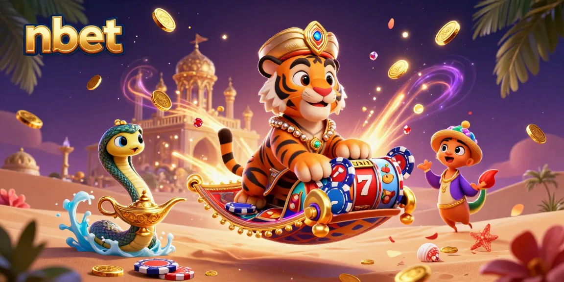 Experience nbet's adventurous realm with the sultan and genie amidst slot machines and treasures!