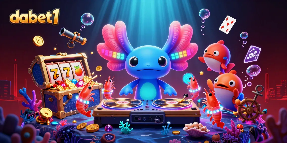 Experience dabet1 with vibrant axolotl DJ and treasure in a 3D casino underwater scene.