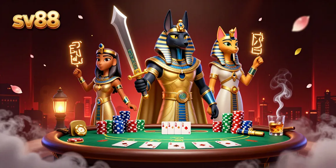 Experience thrilling poker action with sv88, highlighted by Anubis and Bastet in an immersive 3D scene.