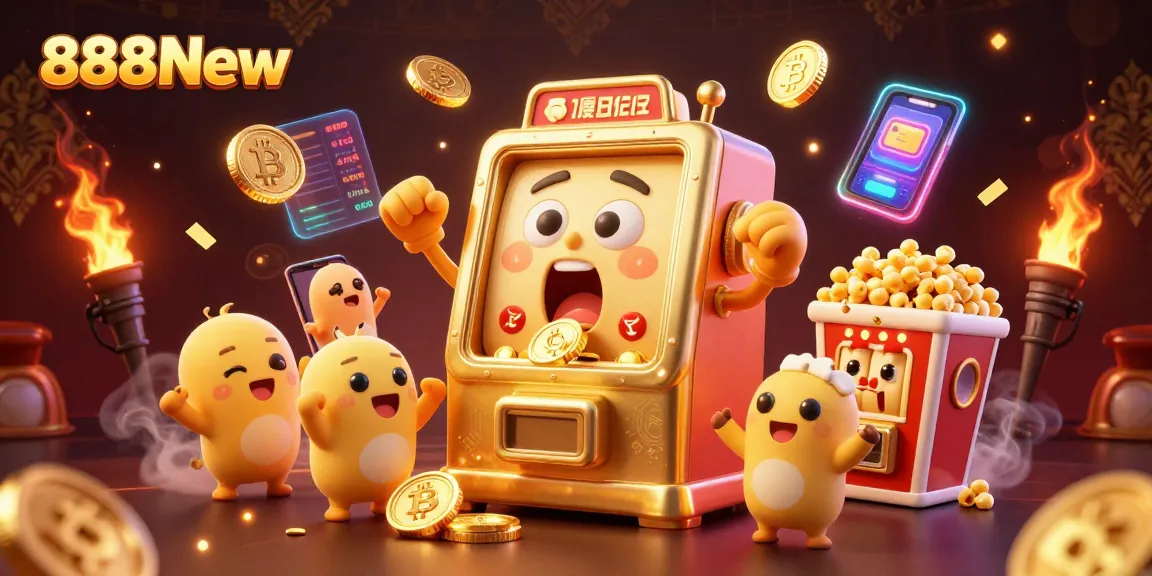 Watch 888New's golden slot machine celebrate its jackpot in a lively online casino scene.