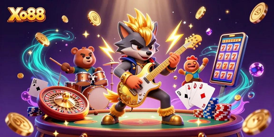 Experience electrifying gaming excitement at Xo88 with a dynamic scene of cartoon characters in a casino setting.